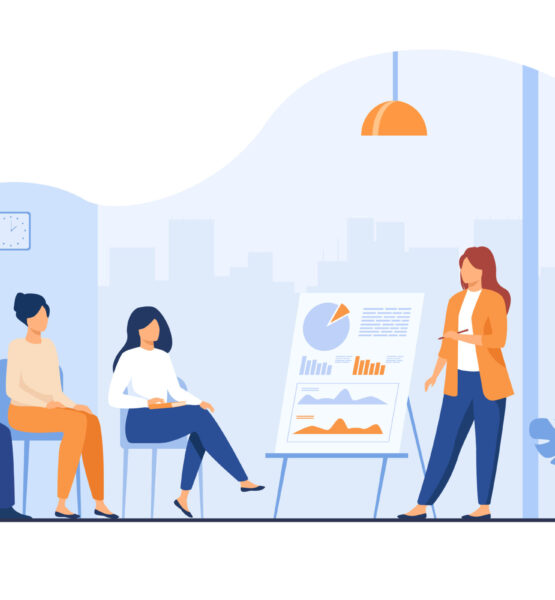 Coach speaking before audience Coach speaking before audience. Mentor presenting charts and reports, Employees meeting at business training, seminar or conference. Vector illustration for presentation, lecture, education concept