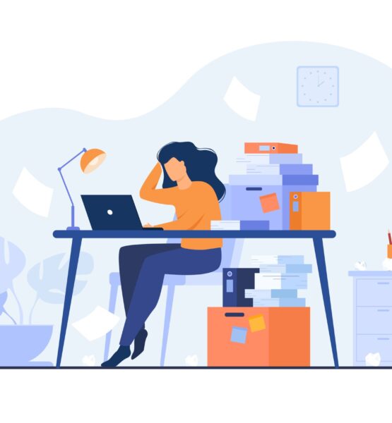 Tired overworked secretary or accountant Tired overworked secretary or accountant working at laptop near pile of folders and throwing papers. Vector illustration for stress at work, workaholic, busy office employee concept