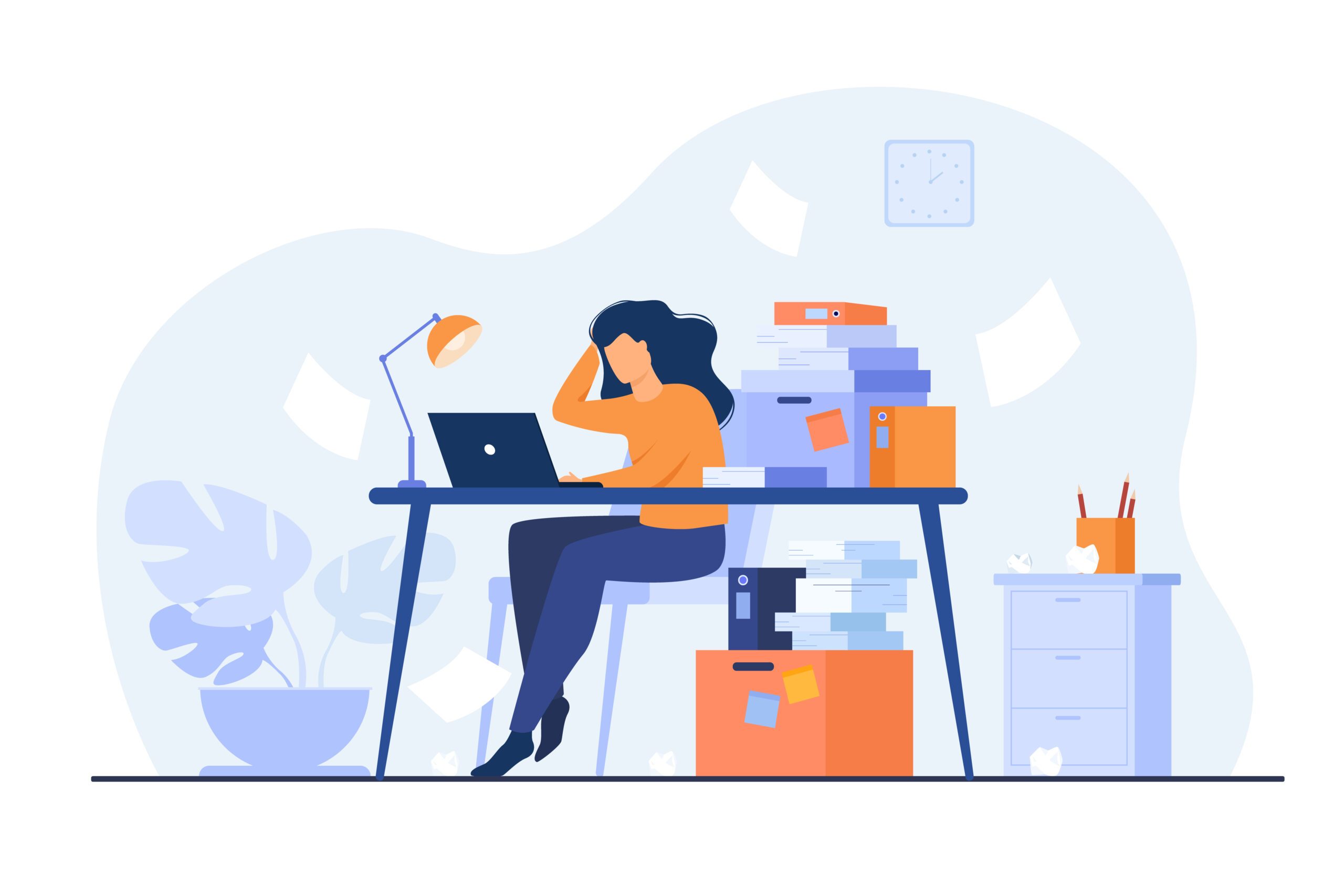 Tired overworked secretary or accountant working at laptop near pile of folders and throwing papers. Vector illustration for stress at work, workaholic, busy office employee concept