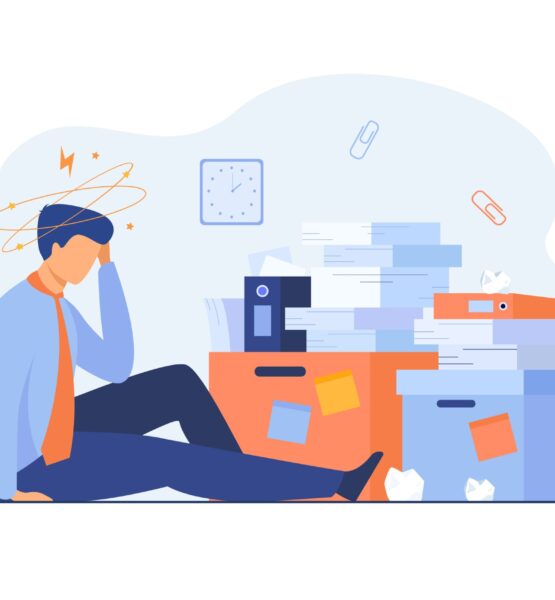 Tired man sitting on floor with paper document piles Tired man sitting on floor with paper document piles around flat vector illustration. Cartoon frustrated office employee doing paperwork. Business, fatigue and bureaucracy concept