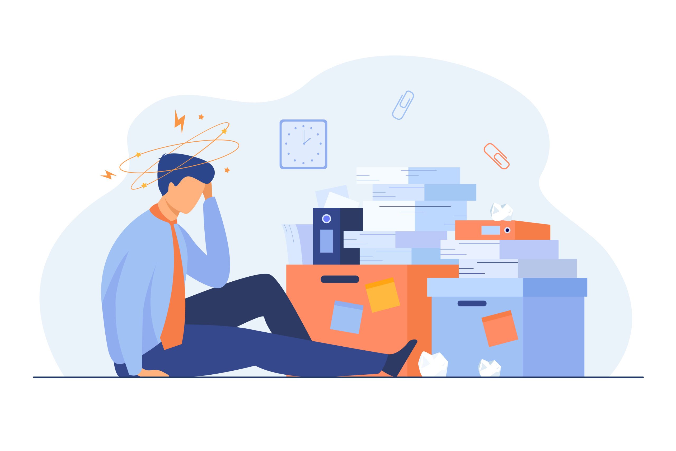 Tired man sitting on floor with paper document piles around flat vector illustration. Cartoon frustrated office employee doing paperwork. Business, fatigue and bureaucracy concept