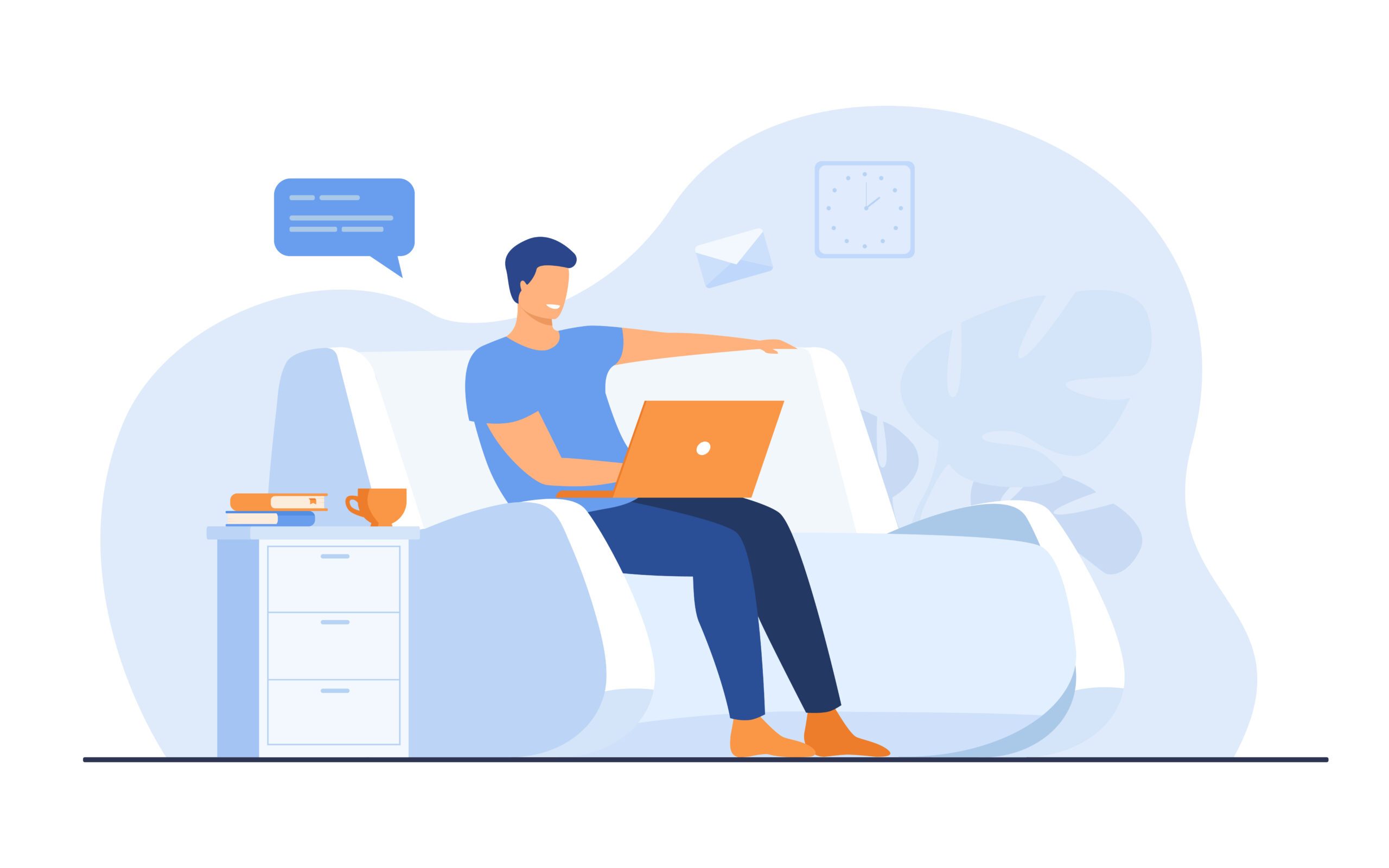 Cartoon man sitting at home with laptop isolated flat vector illustration. Young businessman on sofa with computer. Lifestyle, freelance and chat concept